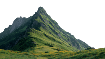Green mountain ridge with rocky peak and yellow wildflower meadow isolated on transparent background