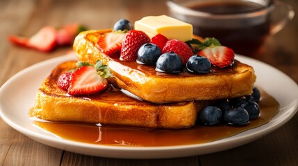 Delicious french toast with berries and maple syrup cozy kitchen food photography warm atmosphere close-up breakfast delight