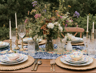 Bohemian outdoor dining table with colorful ceramic plates, woven rattan placemats, patterned textiles, and eclectic wildflower centerpiece