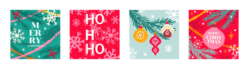 Merry Christmas and Happy New Year greeting card, poster, modern set. Colorful vector illustration in flat geometric style. Banner, holiday covers template