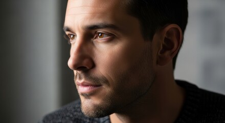 Obraz premium Close Up Portrait of a Thoughtful Young Man Looking Off Into the Distance