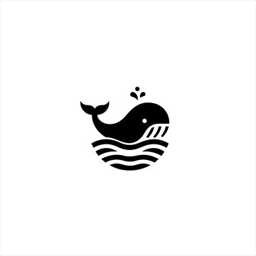 Stylized black whale spouting water in stylized ocean waves