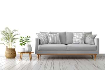 Modern grey sofa with striped cushions and small wooden table decor isolated on transparent background