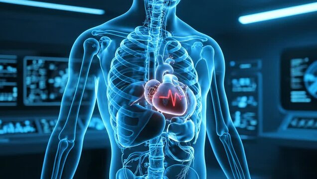 3D holographic x-ray body with animated heart pumping rhythmically, seamless cinematic loop.