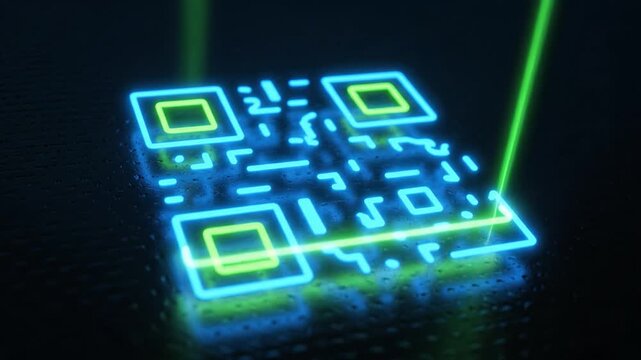 Glowing Neon QR Code with Blue and Green Hues Illuminated by Laser Beams on Dark Textured Showcasing Futuristic High Tech Digital Technology and Vibrant Modern Aesthetic