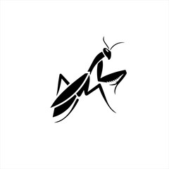 Stylized black silhouette of a praying mantis on a white background