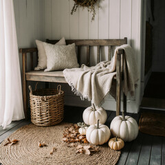 Cozy autumn living room with earthy tones, soft blankets, rustic wooden coffee table, and seasonal pumpkins with dried flowers