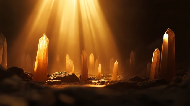 Mystical crystal formation illuminated by ethereal light enchanted cave digital art dark environment close-up perspective nature's wonder