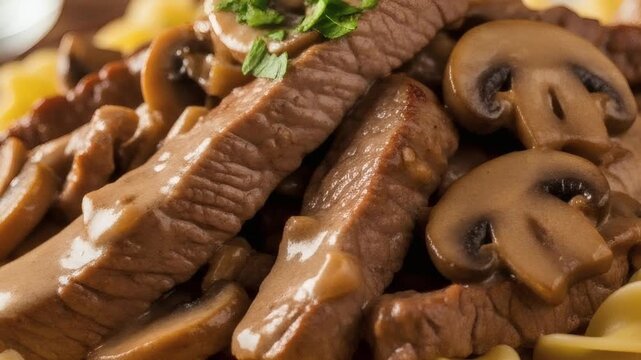 Close up of beef stroganoff with mushrooms and a creamy sauce dish