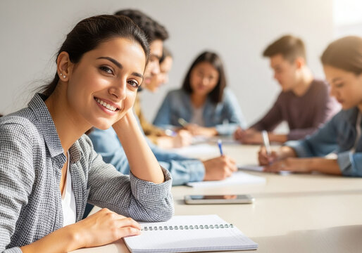 Smiling student enjoying collaborative learning with diverse classmates in bright classroom, showcasing teamwork and academic success in higher education