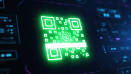 Glowing Green QR Code on Futuristic Digital Interface with Holographic Elements, Neon Lights, and Technological Patterns Evoking High Tech and Innovative Atmosphere - Powered by Adobe