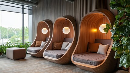 Modern wooden privacy pods in a contemporary lounge area.