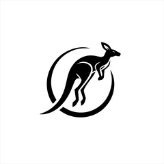 Stylized black kangaroo leaping inside a circular emblem