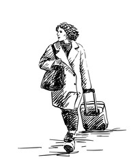 Vector sketch of a woman with suitcase and bag walking in coat, symbolizing modern travel, journey, airport departure, business trip or vacation