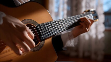 Close-up view of a person's hands skillfully playing the strings of an acoustic guitar, producing a soothing musical performance.