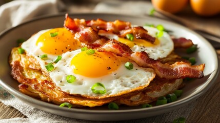 Delicious breakfast feast fried eggs and crispy bacon cozy kitchen setting food photography morning vibes culinary delight