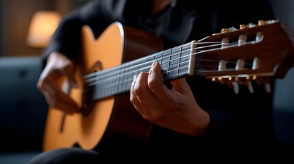 Obraz premium Close-up view of a musician's hands skillfully playing an acoustic guitar, creating a tranquil and soulful musical performance in a dimly lit environment.