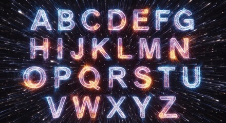 Alphabet Letters Glowing Energy Particles Bursting Outwards Digital Background