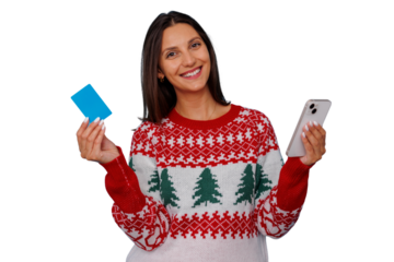 Woman holding credit card and smartphone, cheerfully shopping online for christmas holiday gifts on transparent background