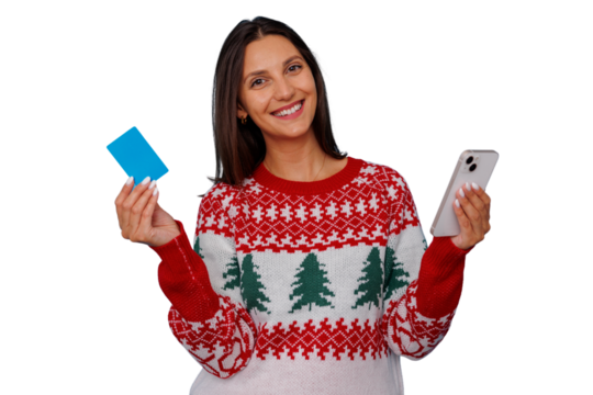 Woman holding credit card and smartphone, cheerfully shopping online for christmas holiday gifts on transparent background - Powered by Adobe