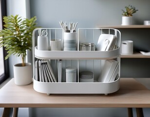 modern tiered desk organizer storage solution for office supplies and accessories in white color scheme