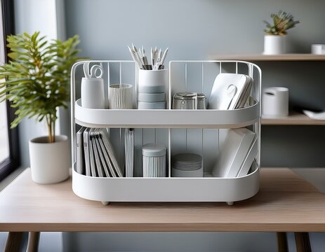 modern tiered desk organizer storage solution for office supplies and accessories in white color scheme