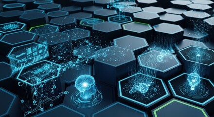 Futuristic Hexagonal Grid with Glowing Digital Energy Pulses Emitting from Data Nodes