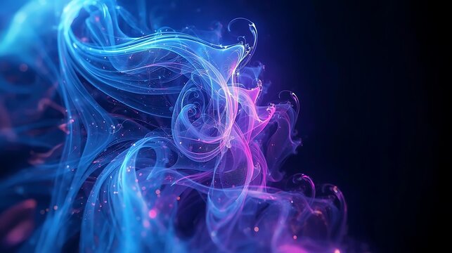 Abstract swirling clouds of blue and pink smoke with glowing particles on a dark background.