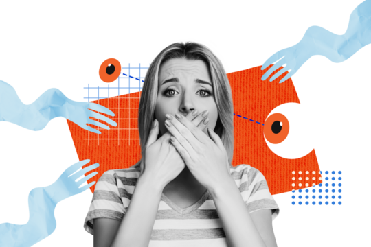 Composite trend artwork 3D sketch image photo collage of young lady emoji face grimace cover mouth huge eye watch vision control oversee