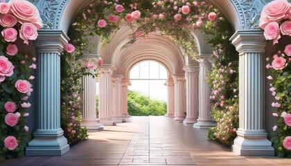 Fototapeta premium elegant interior archway adorned with pink roses