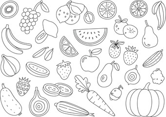 Assorted Fruits and Vegetables Outline Drawing Collection Keywords: fruit, vegetable, apple