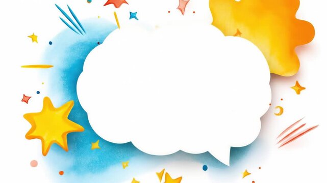 Vibrant speech bubble with blue and orange abstract shapes and stars