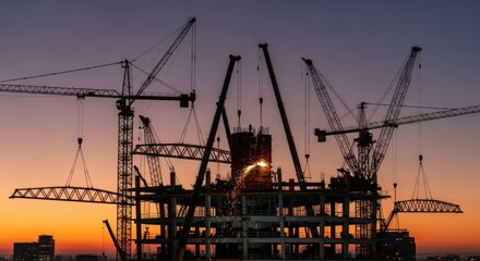 Construction site silhouette at sunset with cranes and building framework against an orange sky.