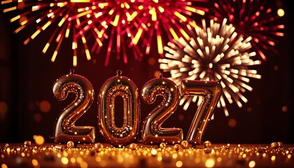 Metallic 2027 Foil Balloon Typography with Glowing Fireworks – Glamorous New Year Celebration