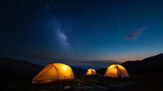 Nighttime camping adventure mountain range outdoor experience starry sky scenic view nature escape