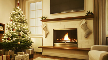 Living room interior with burning fireplace, Christmas stockings, warm glow, decorated tree in corner, cozy winter evening mood, wide shot with space for text overlay, photorealistic, high detail.