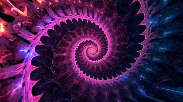 A mesmerizing fractal spiral with vibrant pink and purple hues, creating a sense of infinite depth and cosmic wonder.