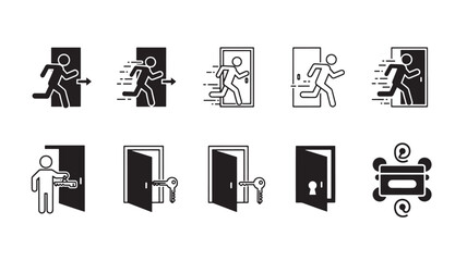 Emergency exit icon set vector silhouette and outline glyphs for safety and evacuation guidance