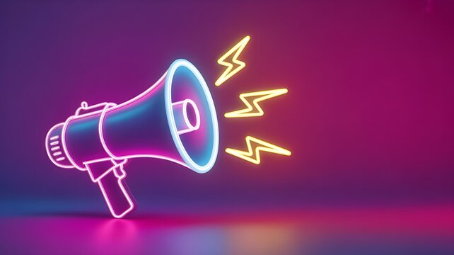 Glowing neon megaphone with lightning bolts symbolizing loud announcement and urgent message - Powered by Adobe