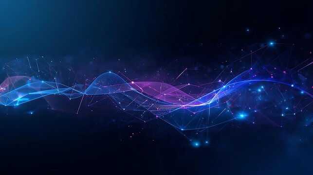 Abstract digital network visualization with glowing particles and interconnected lines on a dark blue background.