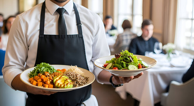 Waiter serving delicious healthy meals in elegant restaurant - Powered by Adobe
