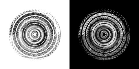 Dynamic abstract spiral sound wave rhythm lines. Circular spiral sound wave rhythm of lines. Circular futuristic abstract lines, black and white background.	
