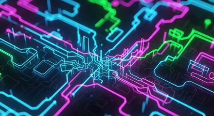 Abstract Neon Circuit Board Lines Illustrating Digital Data Flow Technology