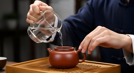 Pouring hot water into traditional clay teapot ceremony