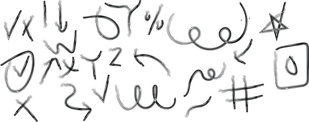 Collection of hand-drawn scribble icons arrows symbols checkmarks stars and shapes for design notes