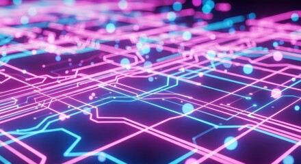Abstract Futuristic Digital Circuit Board Pattern with Glowing Neon Lights and Data Nodes