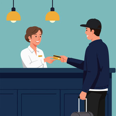Obraz premium Hotel receptionist takes payment card from guest with luggage at reception