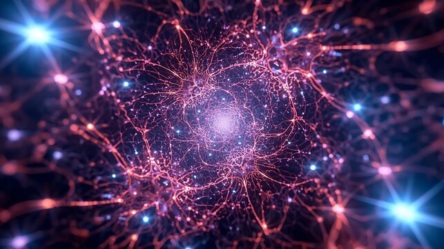 Abstract visualization of a neural network with glowing connections and nodes, representing complex data processing and artificial intelligence.