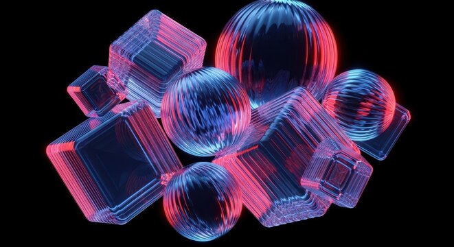 Abstract Digital Geometry Composed of Glowing Cubes and Spheres Illuminated by Neon Lights