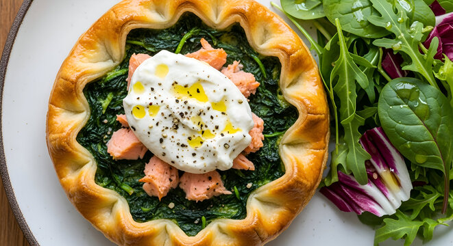 Savory salmon spinach galette with creamy burrata and greens
